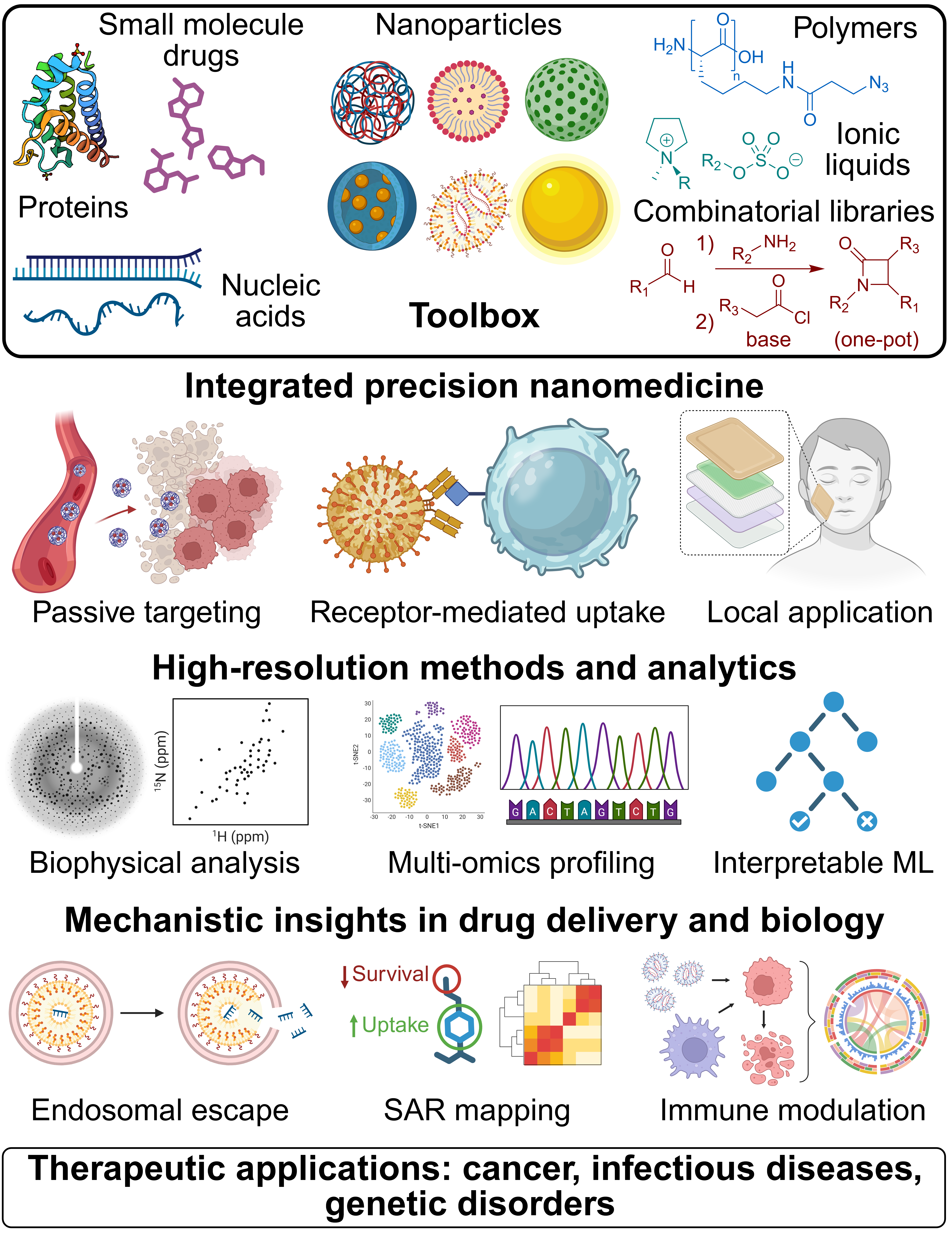 Overview of the Padilla Lab research program: a toolbox of small molecules, nanoparticles, polymers, ionic liquids, and combinatorial libraries feeds into integrated precision nanomedicine, high-resolution analytics, and mechanistic insight, applied to cancer, infectious disease, and genetic disorders.